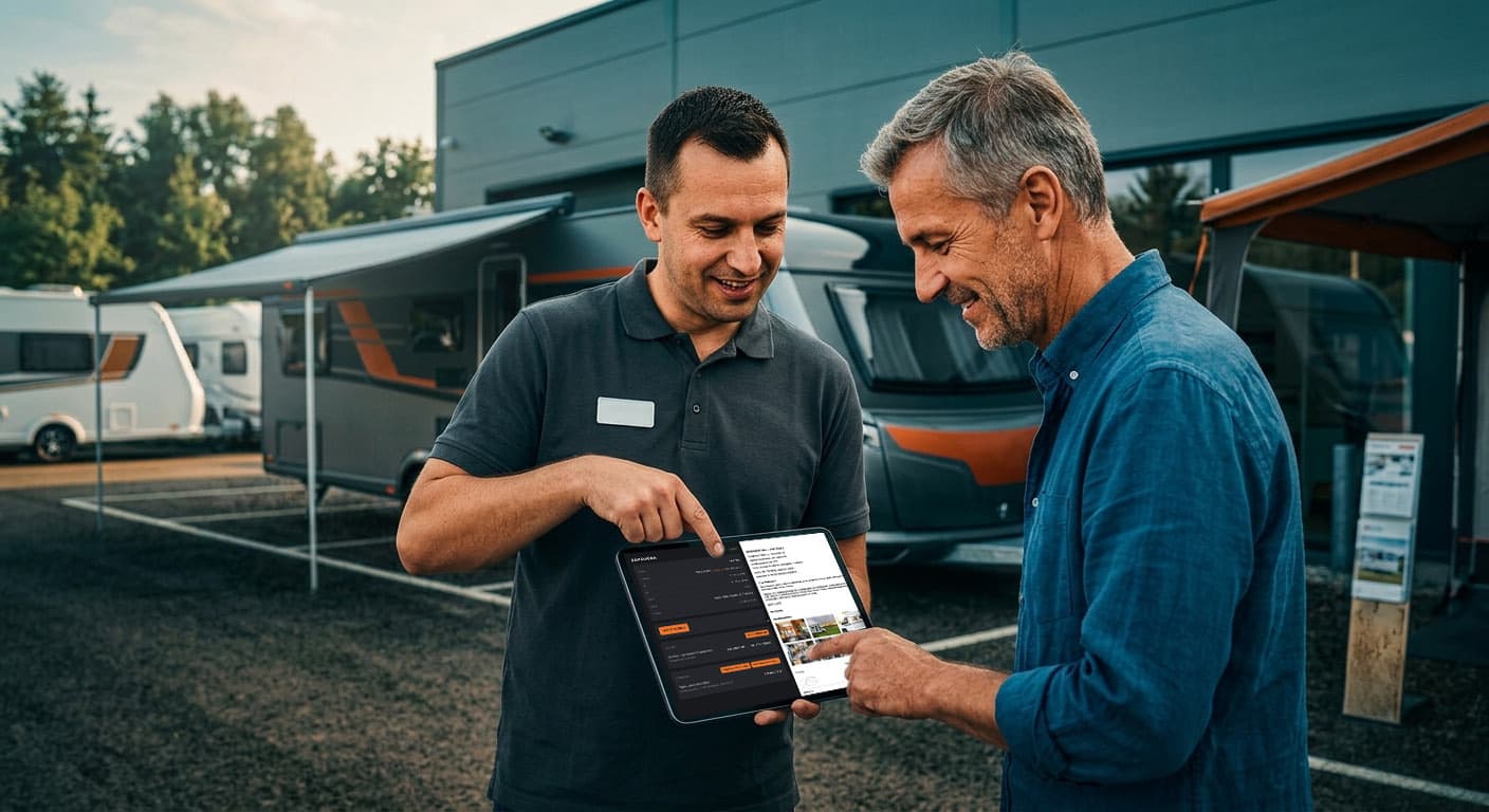 Obsluha půjčovny předává obytný vůz zákazníkovi — předávací protokol vyplňuje na tabletu ve Flotellu.